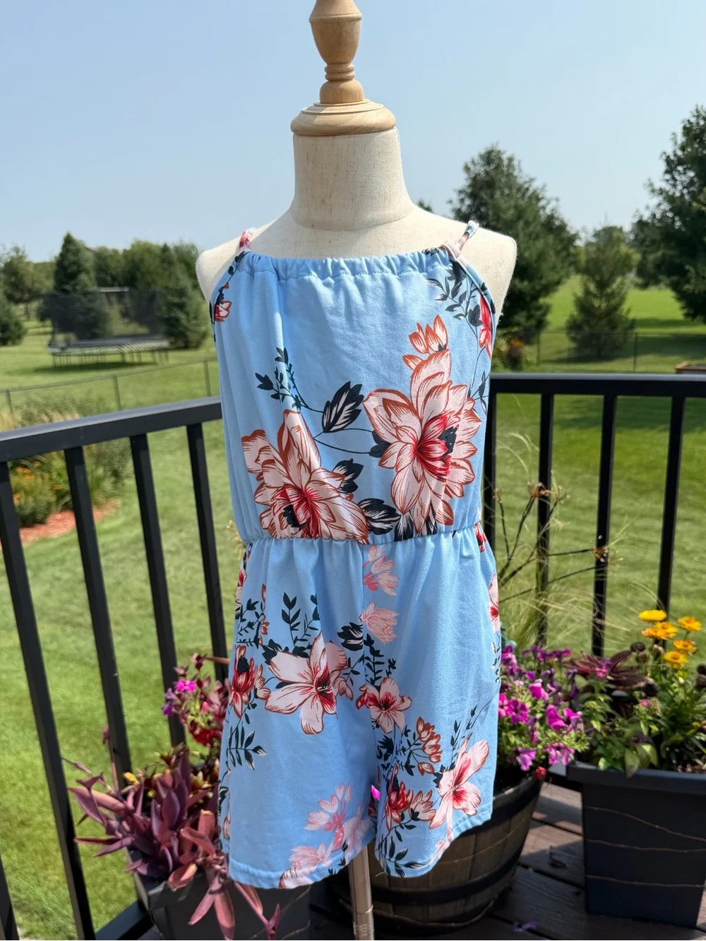 Girls Blue Floral Romper Size 9/10 Spaghetti Strap Summer Outfit